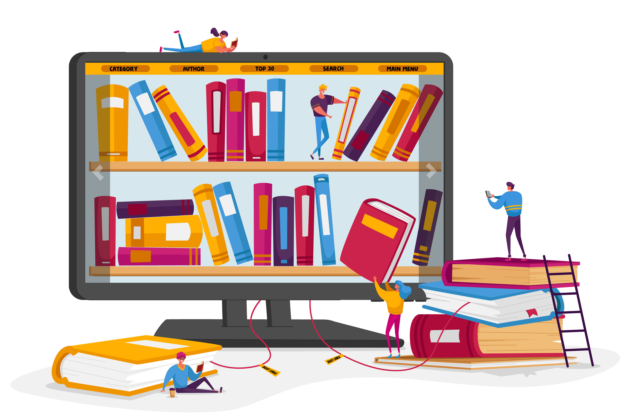 Online Library and Media Books Archive Concept. Tiny People Characters at Huge Computer Screen with Bookshelves Reading E-books and Study at School Using Digital E-library